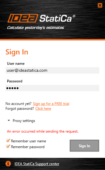 Error message – An error occurred while sending the request