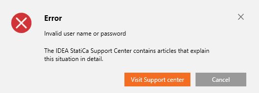 Error message – Wrong user name or password
