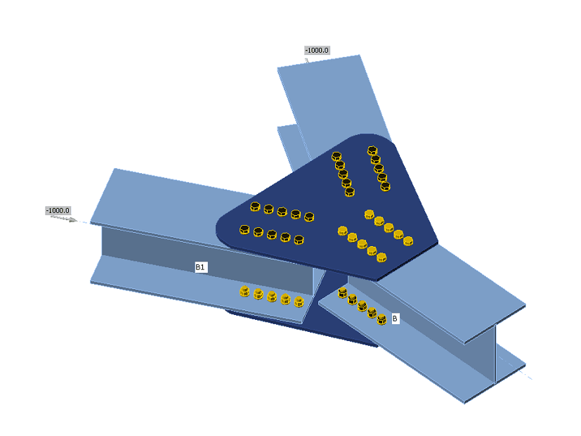 The forces in bolts are determined by finite element analysis. The tensile forces include prying forces. The bolt resistances are checked according to AISC 360 - Chapter J3. Structural design of bolted steel connections.