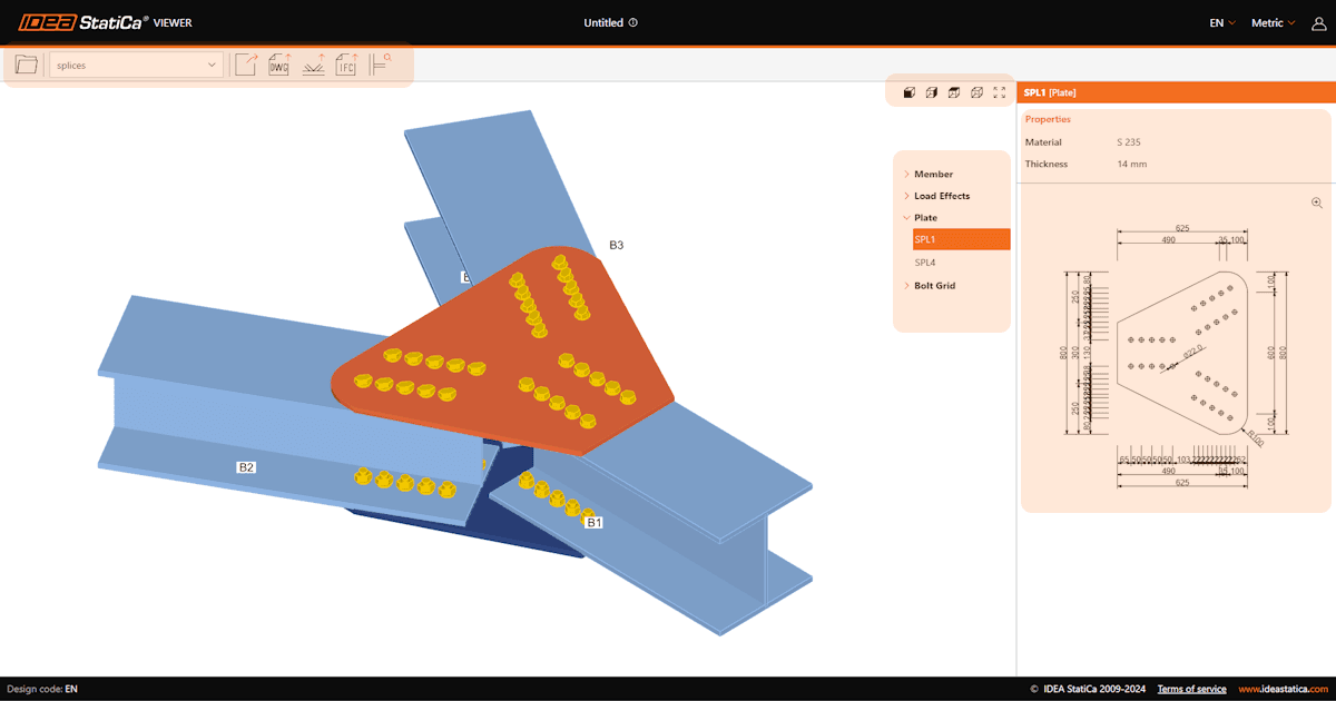 De gebruikersinterface van de IDEA StatiCa Viewer