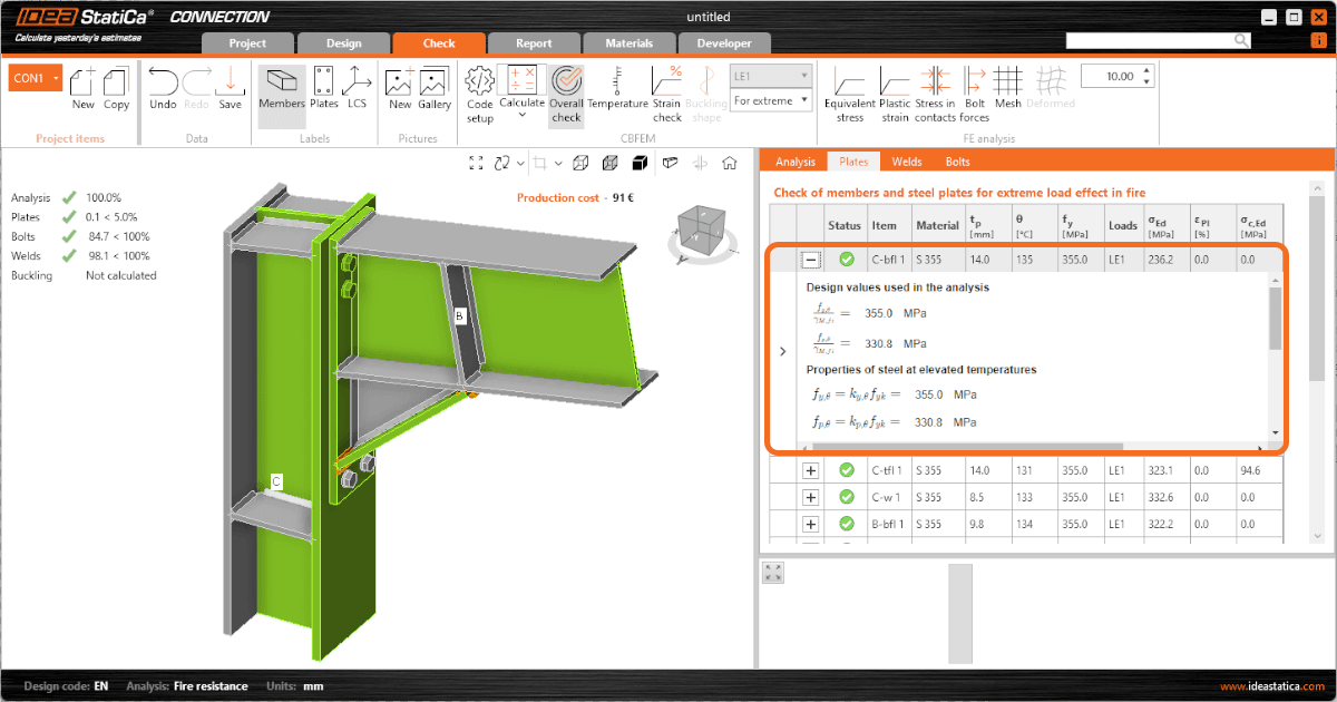 Detailed calculation of connection design material values displayed for plates